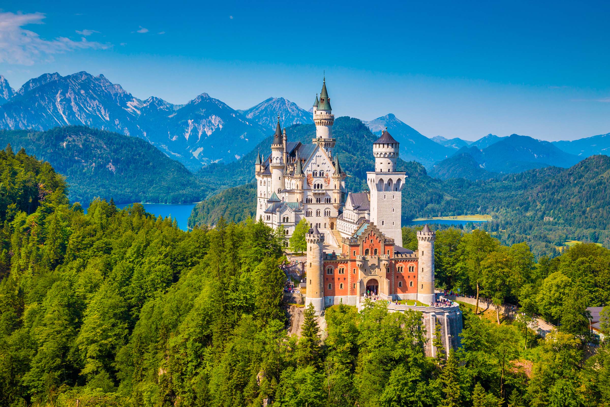 Famous Neuschwanstein Castle with its scenic mountain landscape