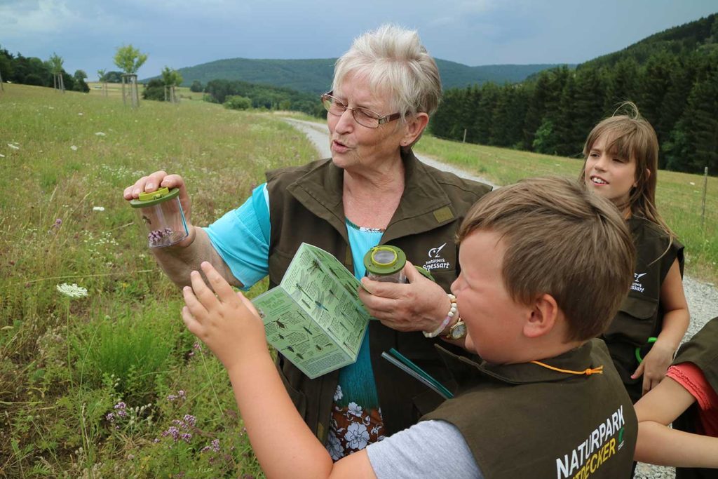 Eine Naturparkführerin im Spessart zeigt Kindern Tiere im Lupenglas