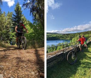 Foto von einem Mountainbiker, der auf einem Waldweg fährt, und Foto von zwei Mountainbikern die an einem Geländer stehen und auf einen See hinabblicken..