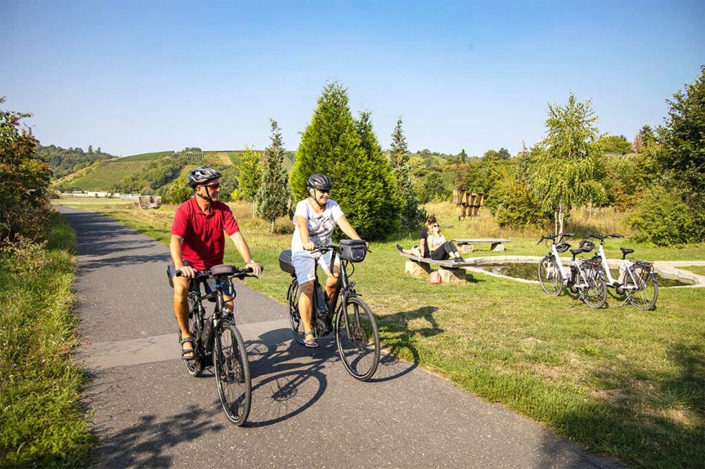 Zwei Radfahrer fahren auf dem Mainradweg während am Rand des Weges zwei Fahrradfahrer rasten und die Sonne genießen.