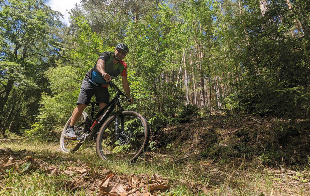 Foto von einem Mountainbiker, der abwärts durch den Wald fährt.