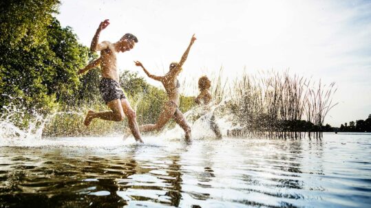 Foto von drei Personen, die voll Freude ins Wasser des Arendsees laufen und ihren Urlaub genießen.