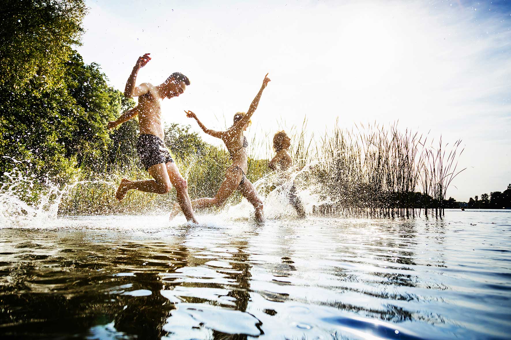 Foto von drei Personen, die voll Freude ins Wasser des Arendsees laufen und ihren Urlaub genießen.