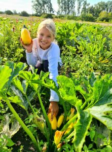 Foto eines Mädchens, das im Hotel Garten des Flair Hotels Reuner Zucchini erntet.